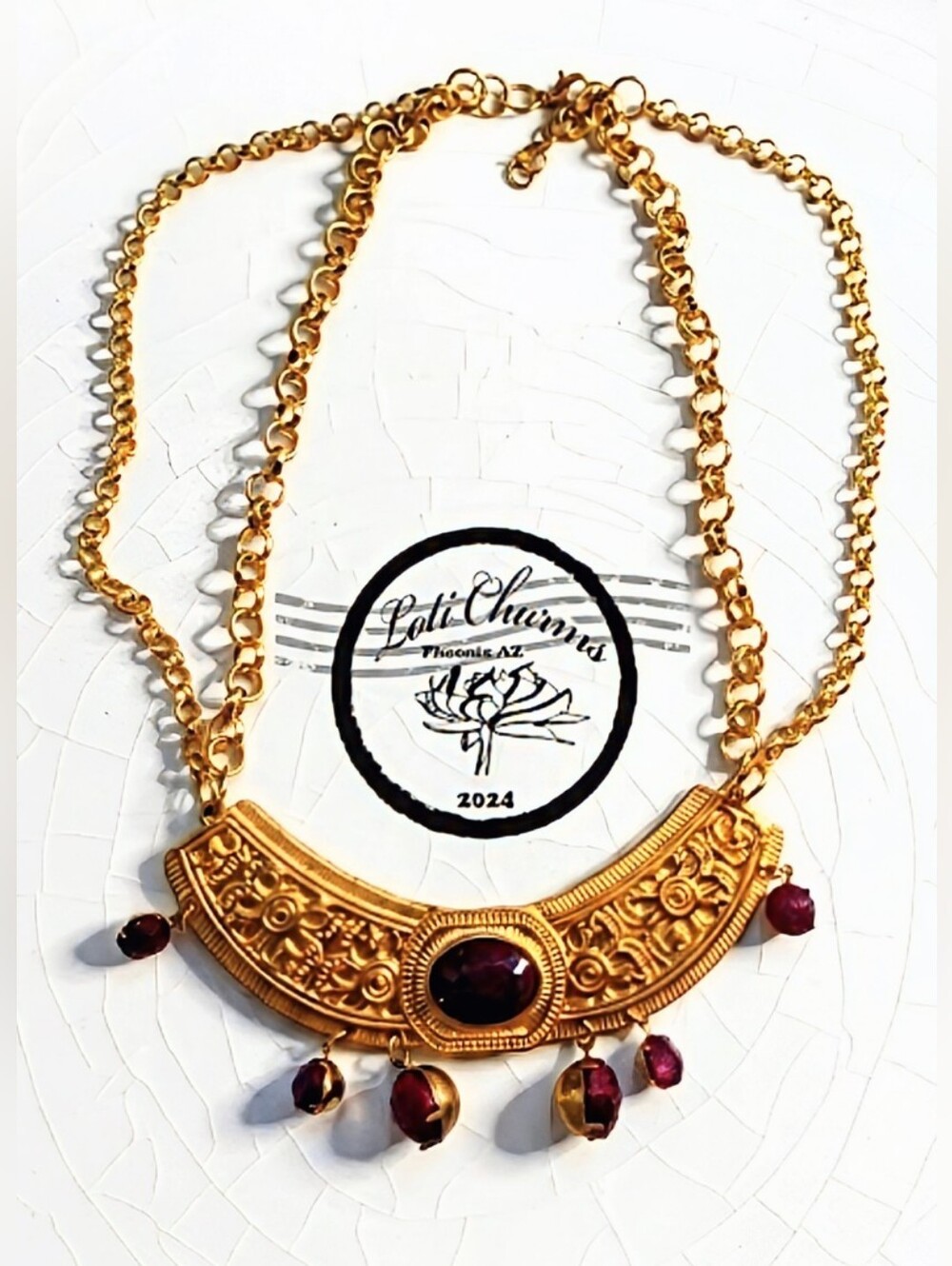 Red Reinassance Genuine Natural Rubies Collar Two Strand Necklace in Gold Plated
